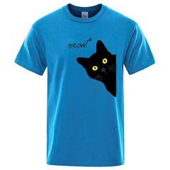 Meow Black Cat Funny Printing Men T-Shirts Breathable Tee Clothes Summer Streetwear Tops Oversized Loose Cotton Short Sleeve - PetPals Store
