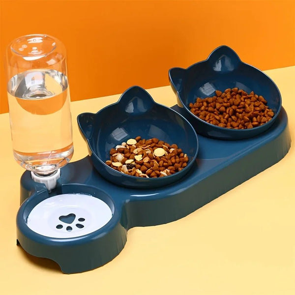 Pet Bowls With Water Feeder, 3 In 1 Ear Design Tilted Cat Water And Food Bowl Set With Gravity Water Bottle For Neck Protection - PetPals Store