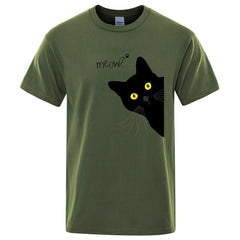 Meow Black Cat Funny Printing Men T-Shirts Breathable Tee Clothes Summer Streetwear Tops Oversized Loose Cotton Short Sleeve - PetPals Store