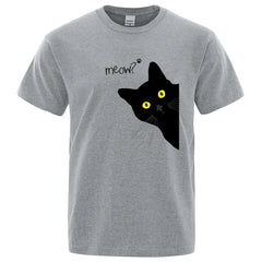 Meow Black Cat Funny Printing Men T-Shirts Breathable Tee Clothes Summer Streetwear Tops Oversized Loose Cotton Short Sleeve - PetPals Store