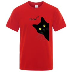 Meow Black Cat Funny Printing Men T-Shirts Breathable Tee Clothes Summer Streetwear Tops Oversized Loose Cotton Short Sleeve - PetPals Store