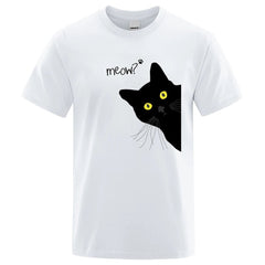 Meow Black Cat Funny Printing Men T-Shirts Breathable Tee Clothes Summer Streetwear Tops Oversized Loose Cotton Short Sleeve - PetPals Store