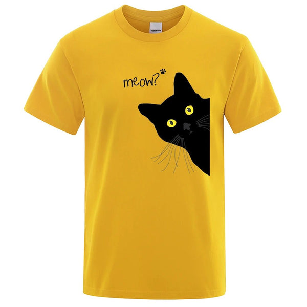 Meow Black Cat Funny Printing Men T-Shirts Breathable Tee Clothes Summer Streetwear Tops Oversized Loose Cotton Short Sleeve - PetPals Store