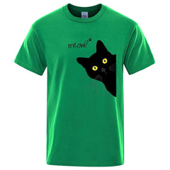 Meow Black Cat Funny Printing Men T-Shirts Breathable Tee Clothes Summer Streetwear Tops Oversized Loose Cotton Short Sleeve - PetPals Store
