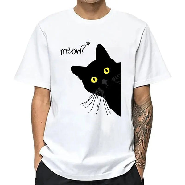 Men's T-shirt 100% Cotton Summer Meow Black Cat Print Men T Shirt Casual Loose o - neck Men Tshirt Short Sleeve t-shirt Male Tees - PetPals Store