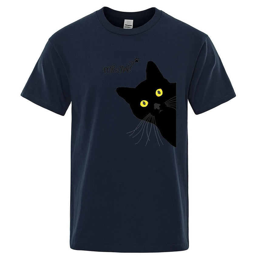 Meow Black Cat Funny Printing Men T-Shirts Breathable Tee Clothes Summer Streetwear Tops Oversized Loose Cotton Short Sleeve - PetPals Store