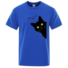 Meow Black Cat Funny Printing Men T-Shirts Breathable Tee Clothes Summer Streetwear Tops Oversized Loose Cotton Short Sleeve - PetPals Store