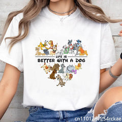Cute Disney Dogs Printed T-Shirt Women's Dog Lovers Shirt Heart Pattern Dog Harajuku T-Shirt Tops Womens - PetPals Store